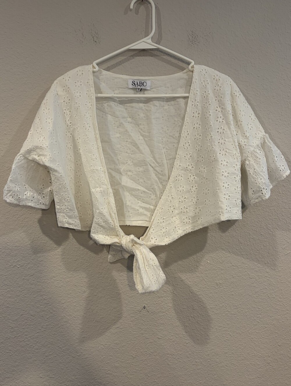 Sabo Womens White Embroidered Eyelet Ruffle Short Sleeve Tie Crop Cardigan Small